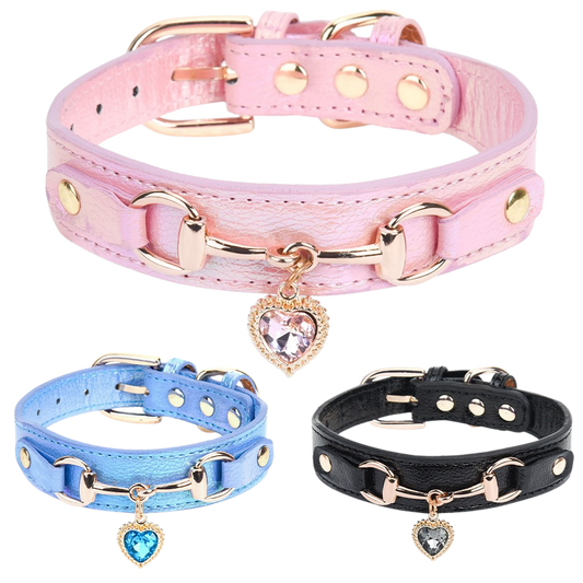 Collier pour chien Minibell en forme de cœur – Collier scintillant en strass de cuir synthétique