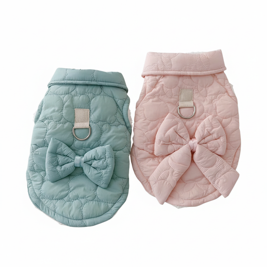 Hundewinterjacke mit Schleife / Fliege – Steppmantel für kleine Hunde, warm & stylisch, rosa / blau