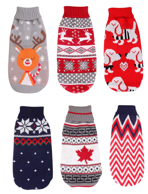 Weihnachtspullover „Festlicher Pfotenzauber“: Strick-Sweater mit Rentieren, Schneeflocken & Ahornblättern